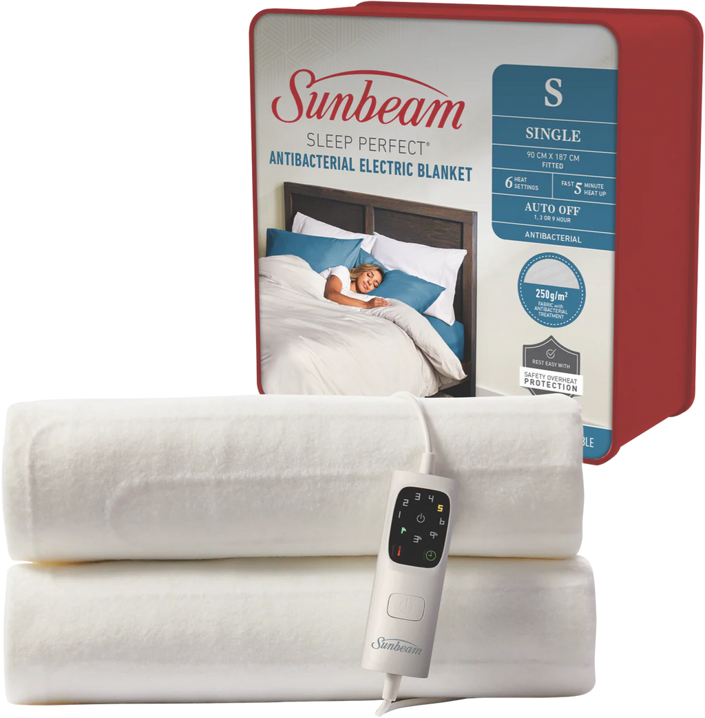 Sunbeam Fitted Electric Blanket Antibacterial 6 Heat Bedroom Topper Protector - Single