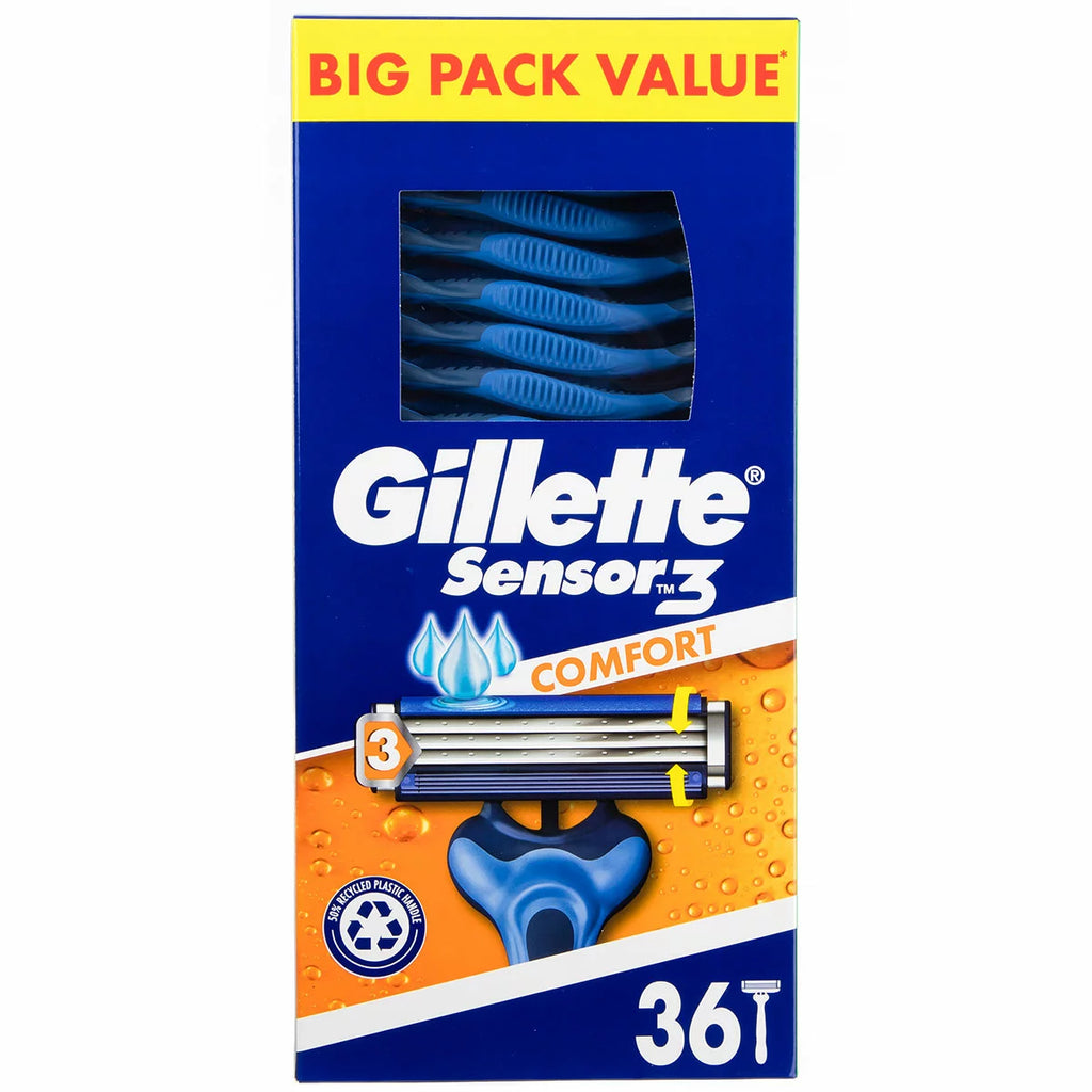 Gillette Sensor 3 Razor 36 Pack | Lubrastrip 3 Skin Sensing Blades | Close Everyday Shave | Disposable Razors | Easy RInse