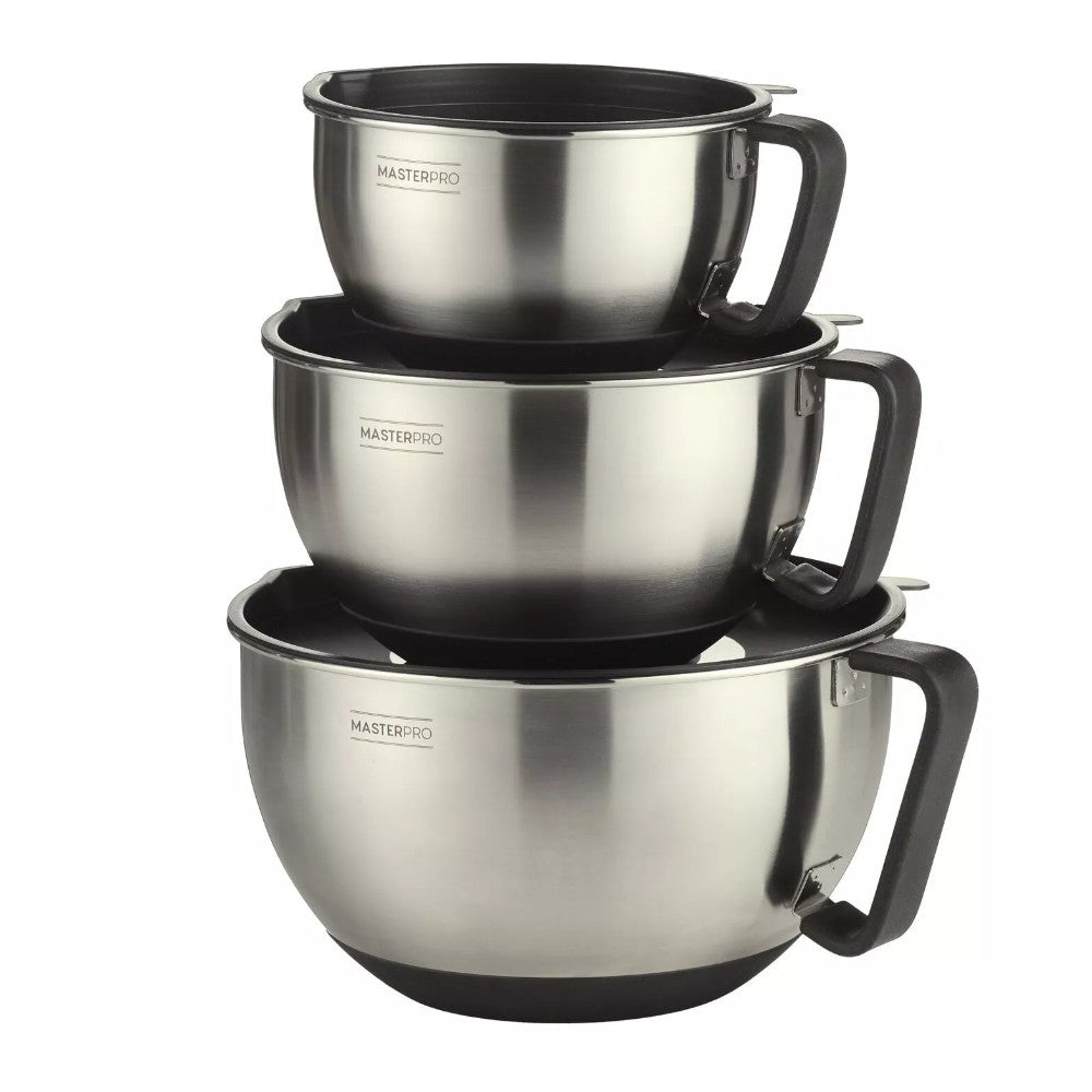 MasterPro 3pc Stainless Steel Mixing Bowls with Lids - Round Polished Mix Salad Prep Bowl Kitchen Baking Prep Bowl
