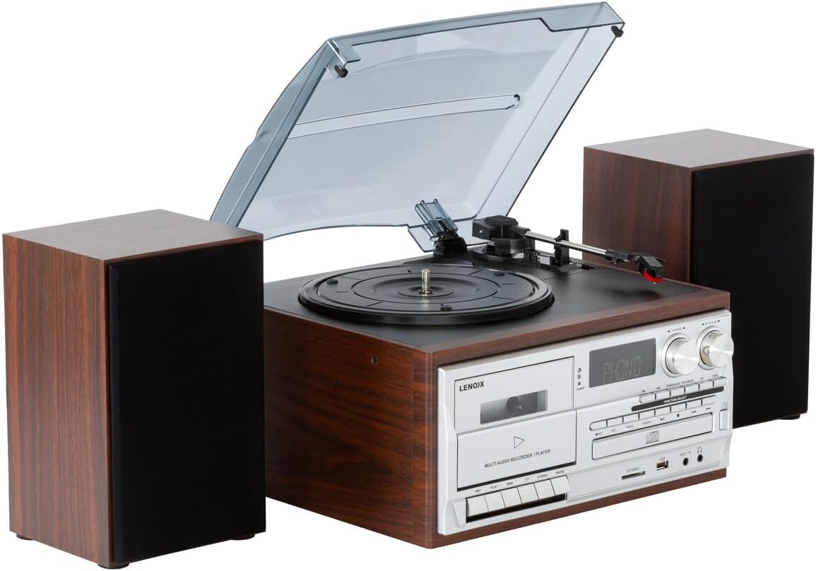30W Bluetooth Stereo System Turntable Vinyl Record Player / CD Player / AM/FM Radio Home Entertainment Music System with Wireless Technology (Brown)