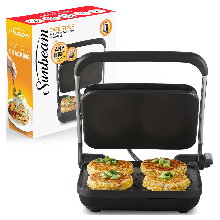 Sunbeam 4-Slice Sandwich Press Toastie Jaffle Maker, Fritters, Breakfast, Quick Meals, Pancake Bacon Egg Cooker, Non-Stick Cooking