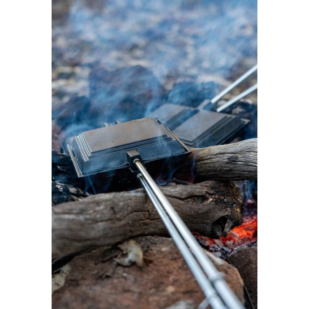 Cast Iron Sandwich Grill Press Camping Campsite Cooking with Wood Handle (Heat Resistant)