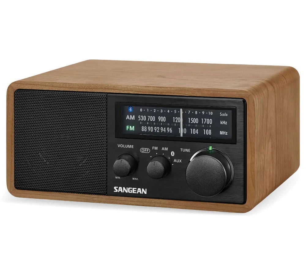 Sangean Retro AM/ FM Radio Bluetooth Speakers, Deep Bass, AUX-In, Wooden Look Music Player
