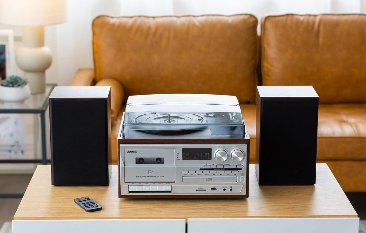 30W Bluetooth Stereo System Turntable Vinyl Record Player / CD Player / AM/FM Radio Home Entertainment Music System with Wireless Technology (Brown)