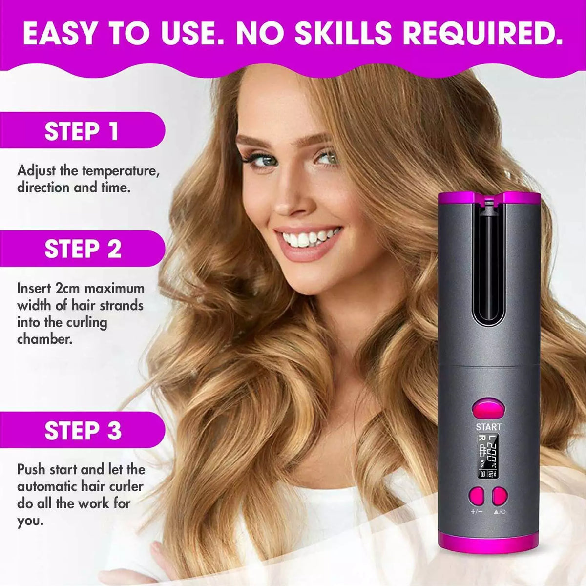 Auto Hair Curler Women's Cordless Curler | Portable Curling Iron Barrel LCD Display | Work Camping