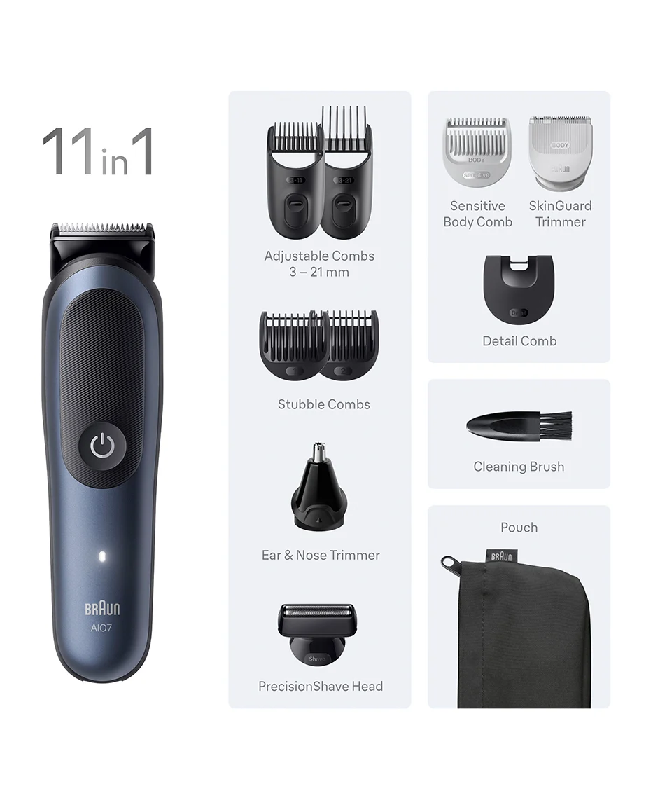 Braun Waterproof Beard Stubble Hair Body Grooming Clipper Trimmer 11-in-1 Cordless Groomer