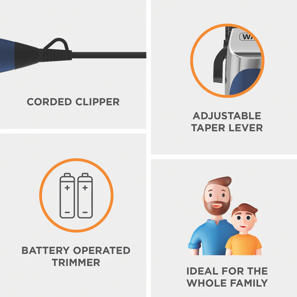 Wahl Electric Hair Clipper Corded Men's DIY Barber Haircutting Cutting Trimmer, Coloured Guide Combs, Barber Cape, Scissors, Boys Haircutting Kit