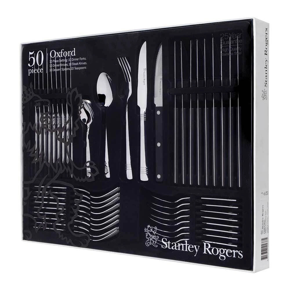 Stanley Rogers 50 Piece Cutlery Dining Set 10 Person Stainless Steel Elegant Engraved Grooves Entertainment Party
