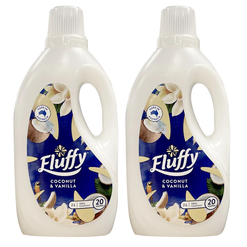 2x Fluffy Fabric Clothes Garment Softener Conditioner Liquid 2L Easy Iron - Coconut & Vanilla (Washing Machine Liquid)