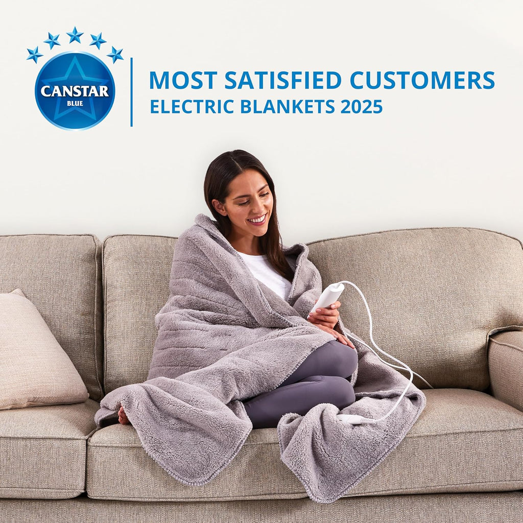 Sunbeam Electric Throw Blanket Sherpa Fast Heating Sofa Blankie 6 Heat Machine Washable