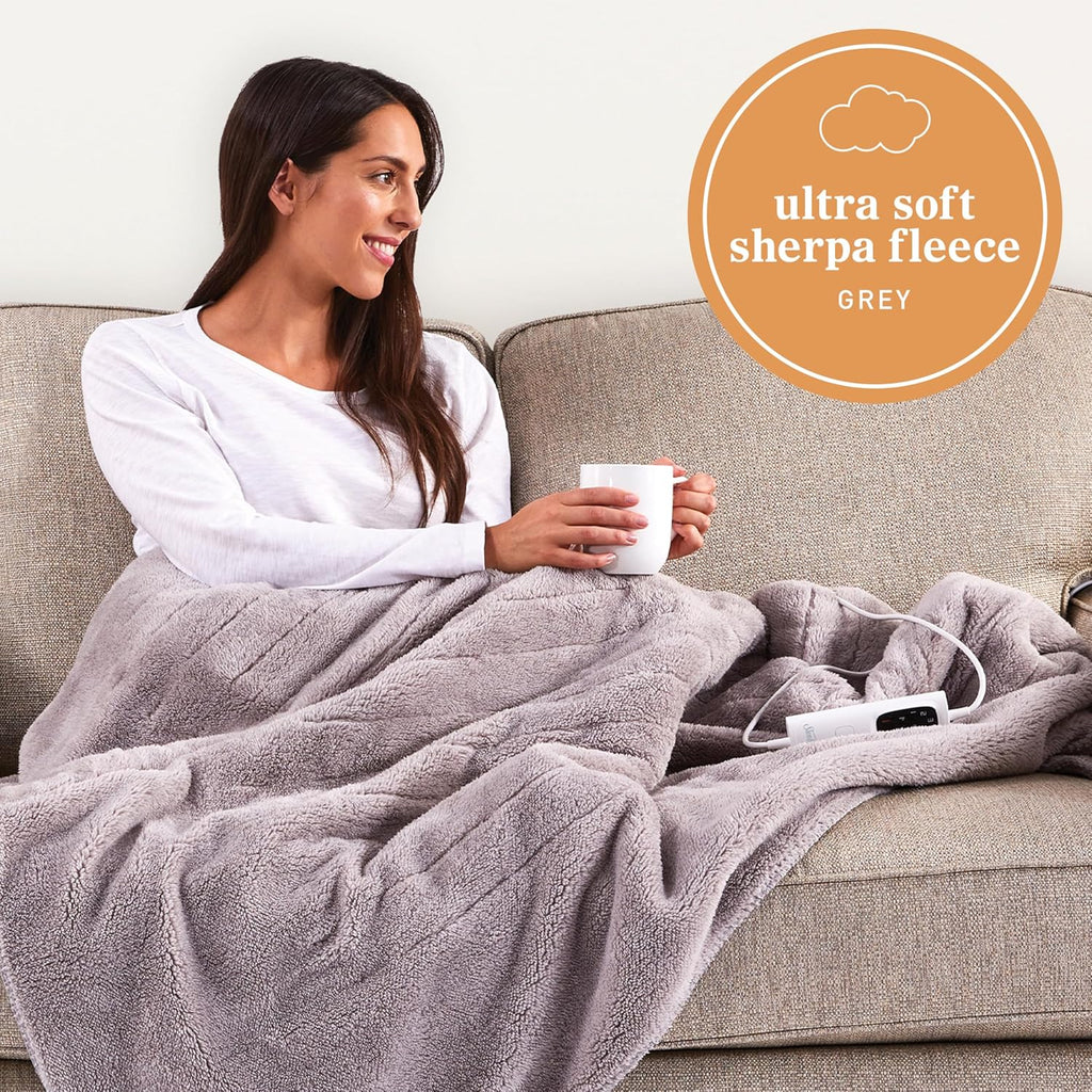Sunbeam Electric Throw Blanket Sherpa Fast Heating Sofa Blankie 6 Heat Machine Washable