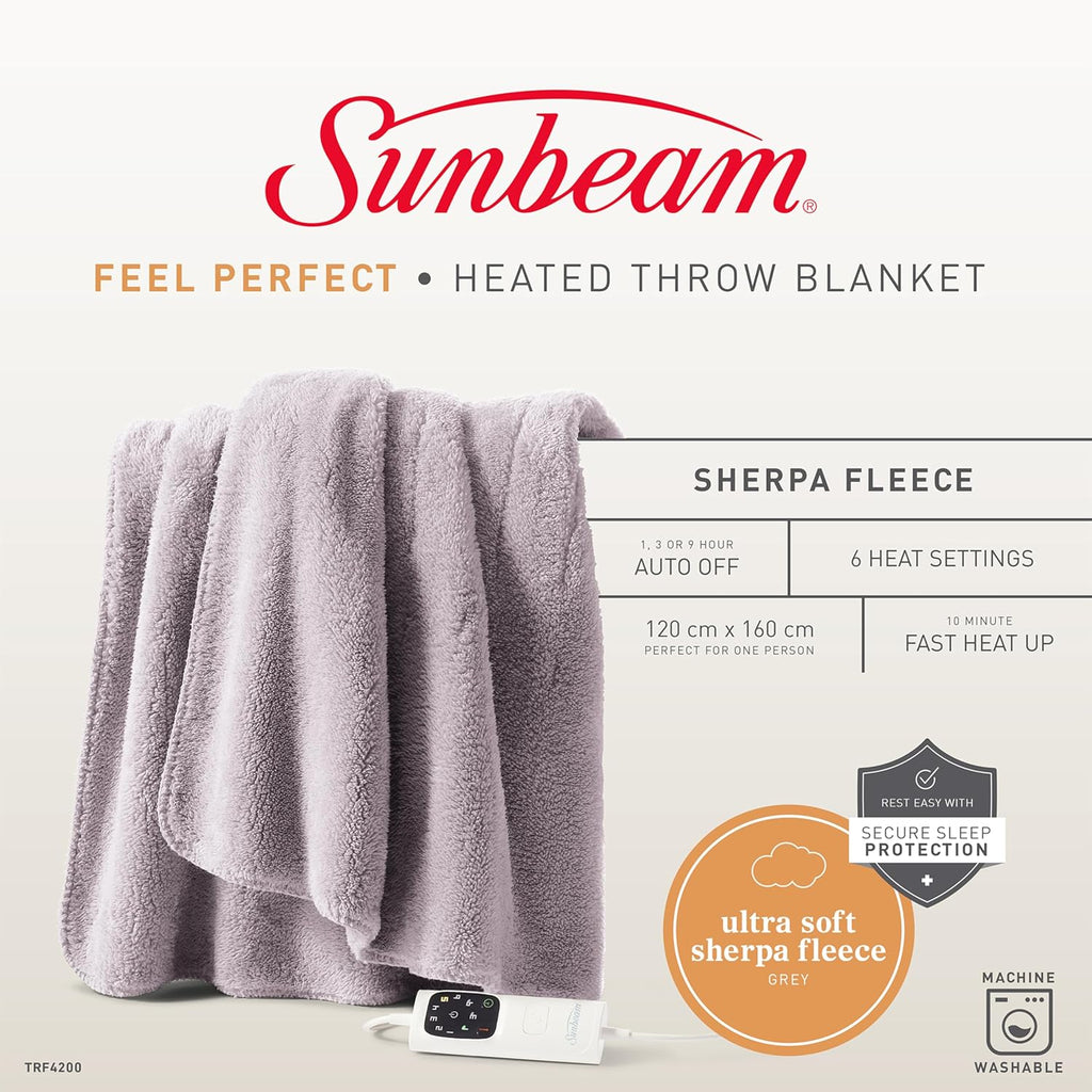 Sunbeam Electric Throw Blanket Sherpa Fast Heating Sofa Blankie 6 Heat Machine Washable