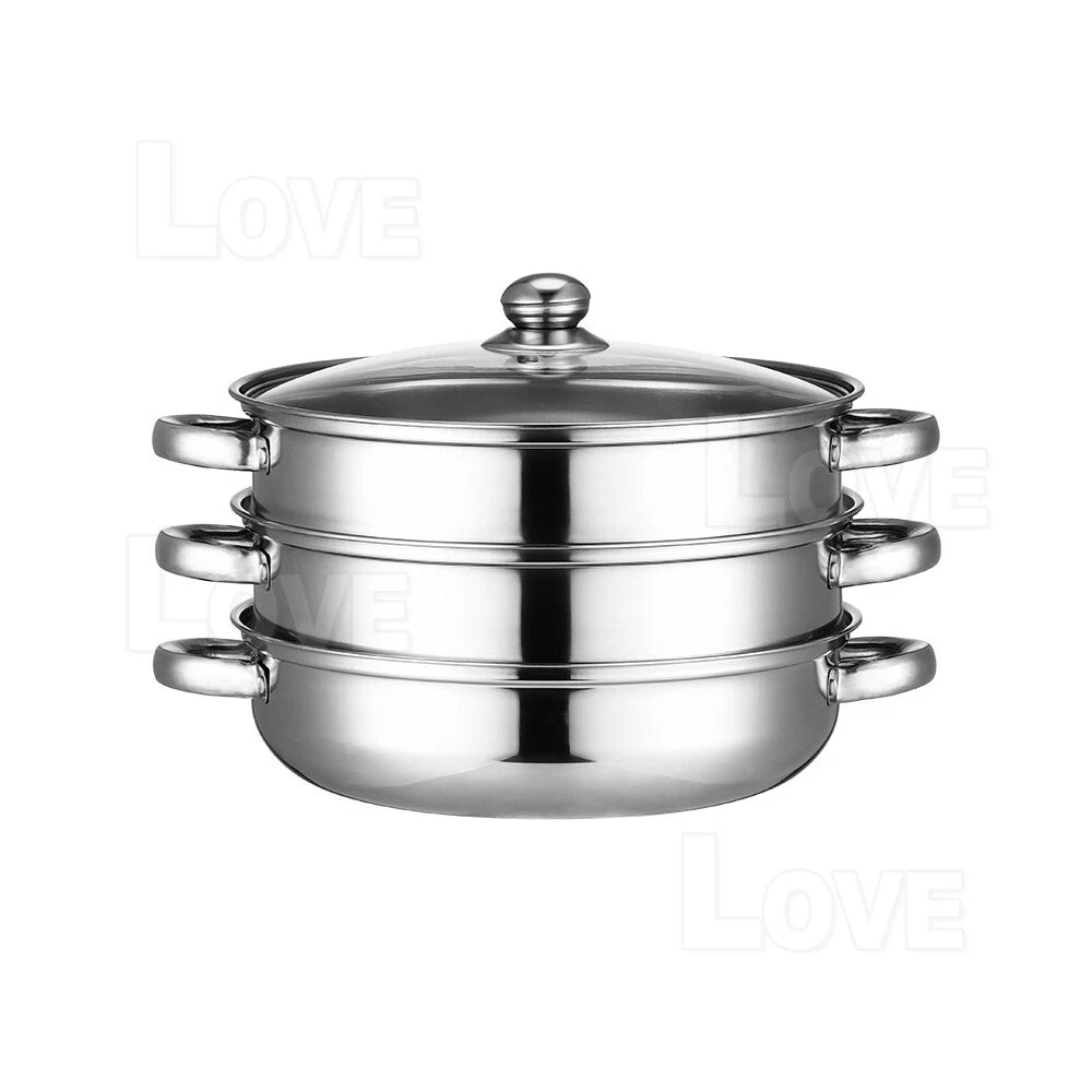 Stainless Steel Steaming Pot 3 Tier - Dumpling Vegetable Fish Meat Steamer - Lightweight Family Cooker, Stovetop