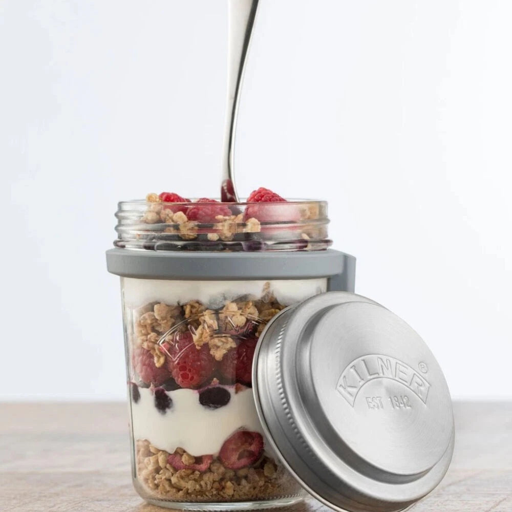 2x Glass Breakfast Maker Jar Chia Pudding Fruit Nut Cold Porridge Overnight Protein Oats Set - 350ml Jars