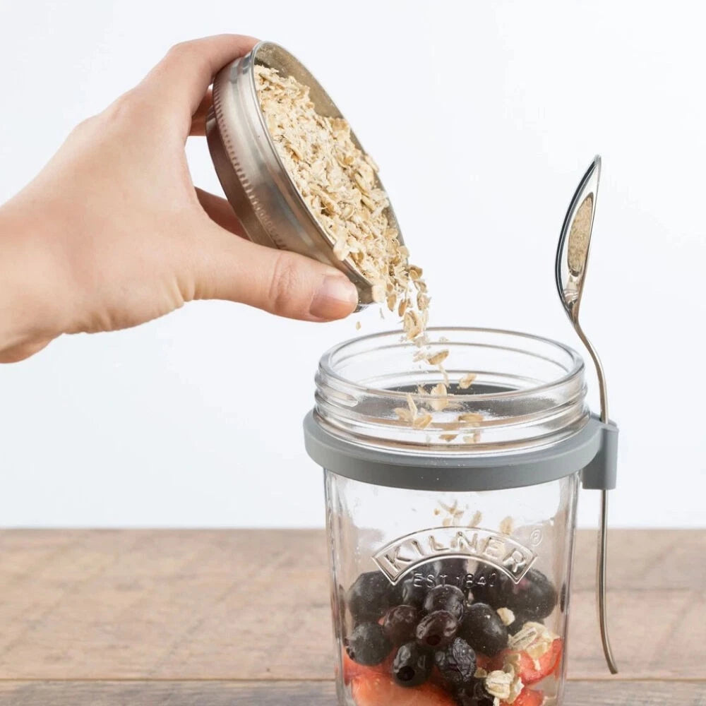 2x Glass Breakfast Maker Jar Chia Pudding Fruit Nut Cold Porridge Overnight Protein Oats Set - 350ml Jars