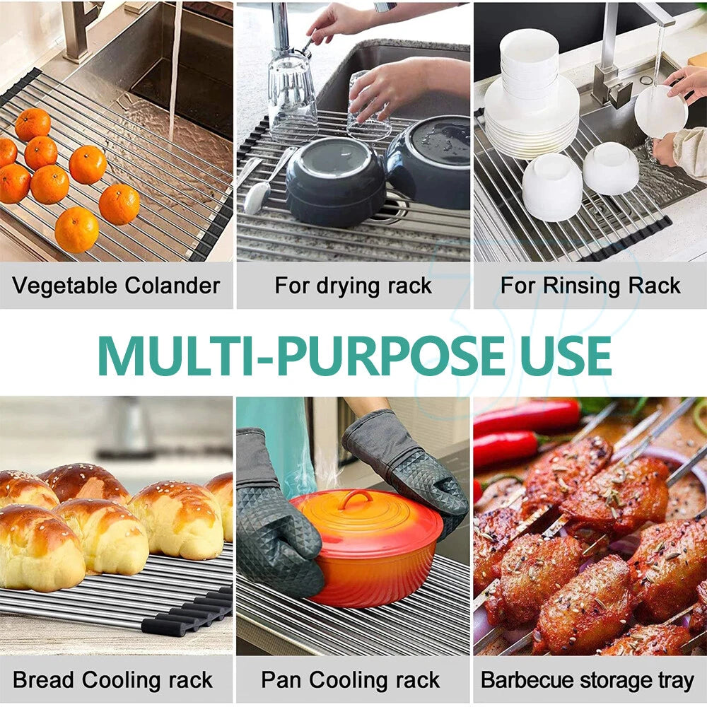 Stainless Steel Dish Rack Meat Vegetable Drying Drainer 38x47cm Over Sink Rack Roll up Kitchen Foldable Vegetable Pan Dishes Cutlery Rack