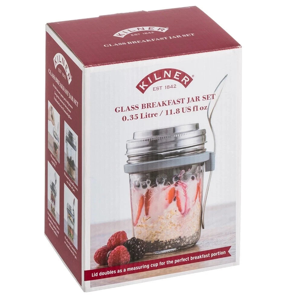 2x Glass Breakfast Maker Jar Chia Pudding Fruit Nut Cold Porridge Overnight Protein Oats Set - 350ml Jars