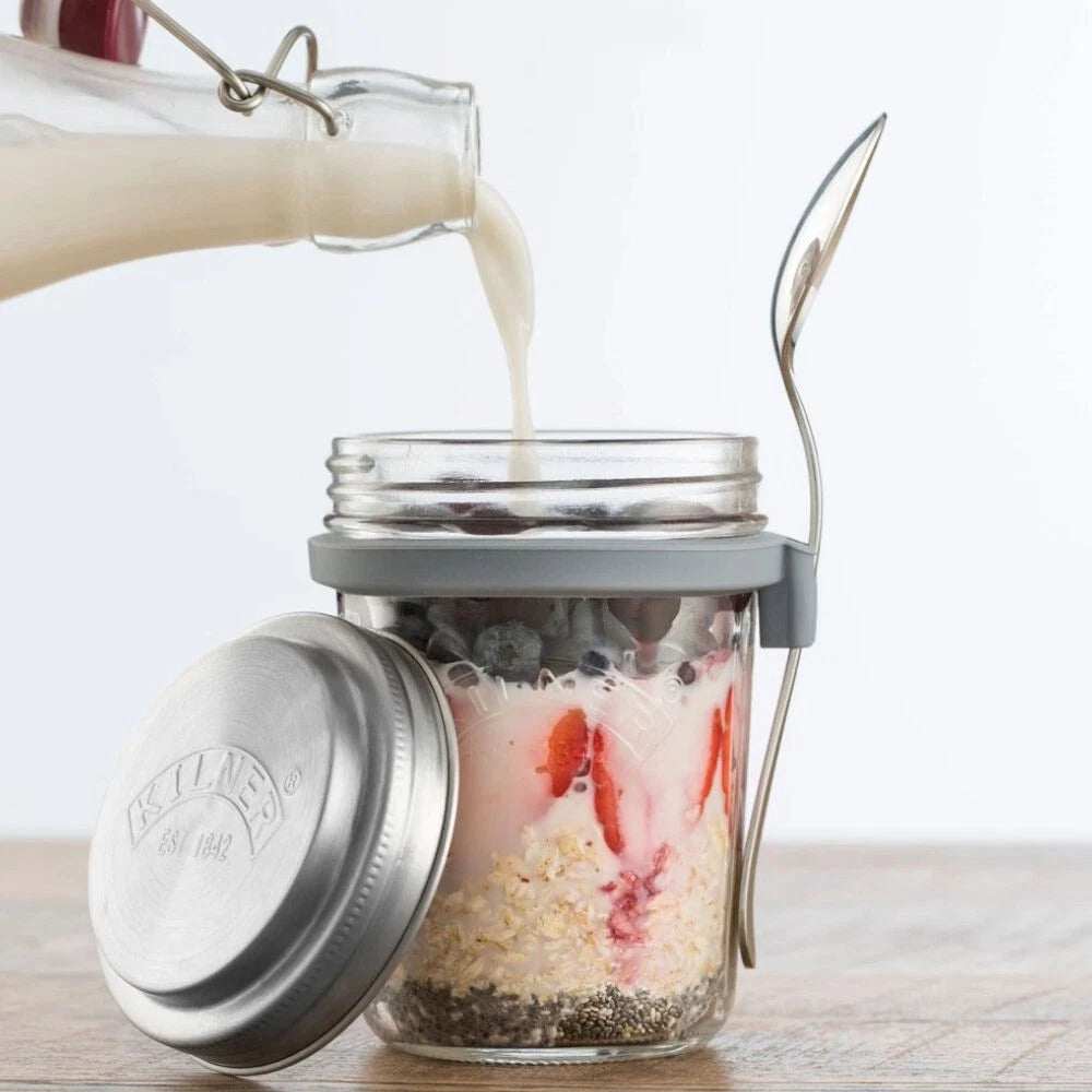 2x Glass Breakfast Maker Jar Chia Pudding Fruit Nut Cold Porridge Overnight Protein Oats Set - 350ml Jars