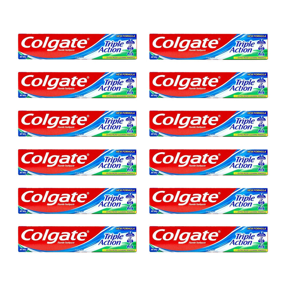 Colgate Triple Action Fluoride Toothpaste | 12x 160g | Dental Care Original Mint | Micro Cleaning Minerals | Tooth Care