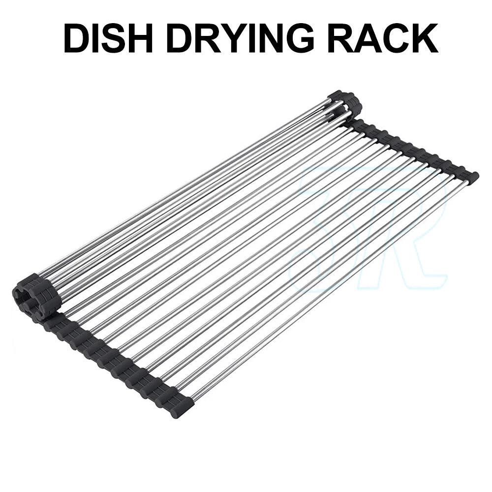 Stainless Steel Dish Rack Meat Vegetable Drying Drainer 38x47cm Over Sink Rack Roll up Kitchen Foldable Vegetable Pan Dishes Cutlery Rack