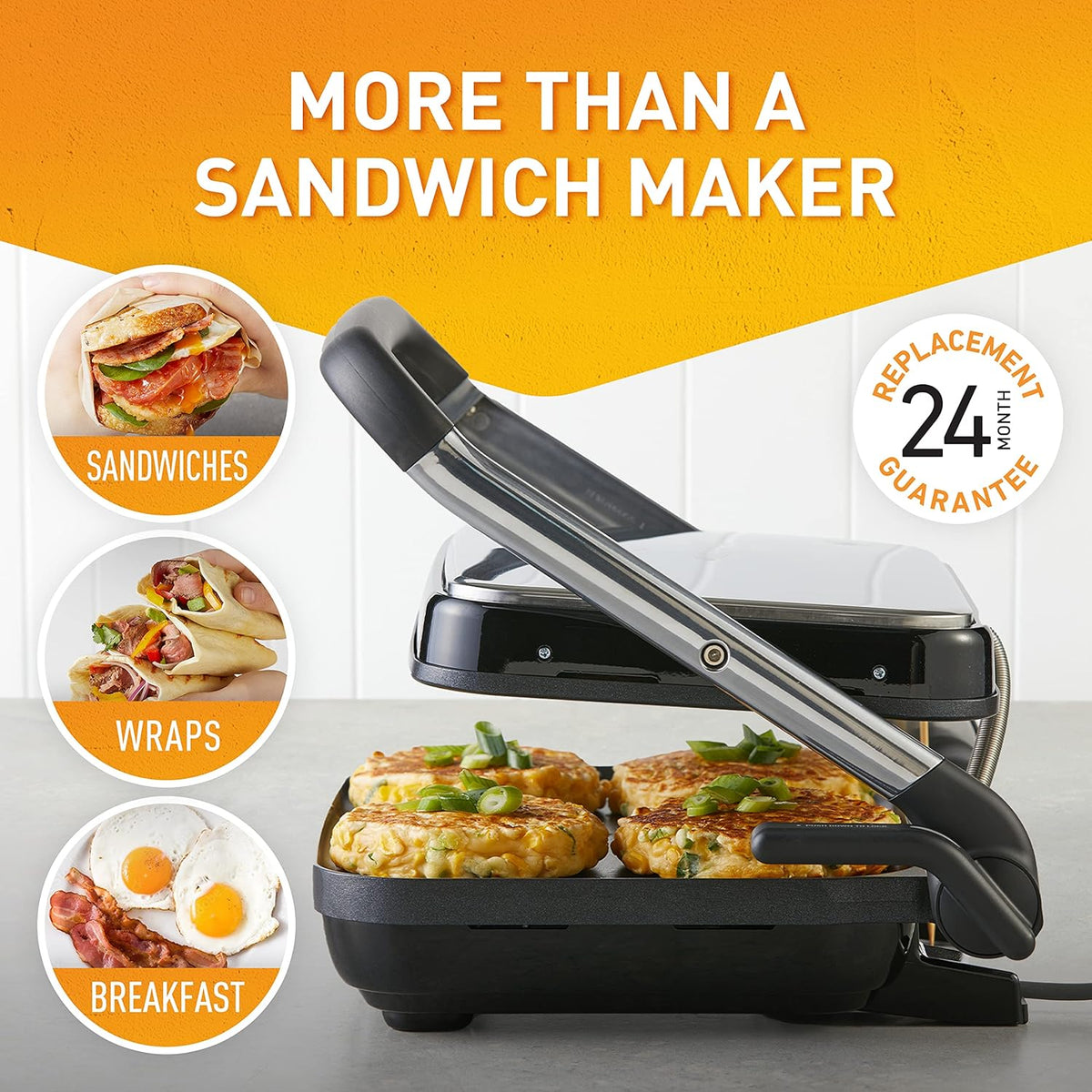Sunbeam 4-Slice Sandwich Press Toastie Jaffle Maker, Fritters, Breakfast, Quick Meals, Pancake Bacon Egg Cooker, Non-Stick Cooking
