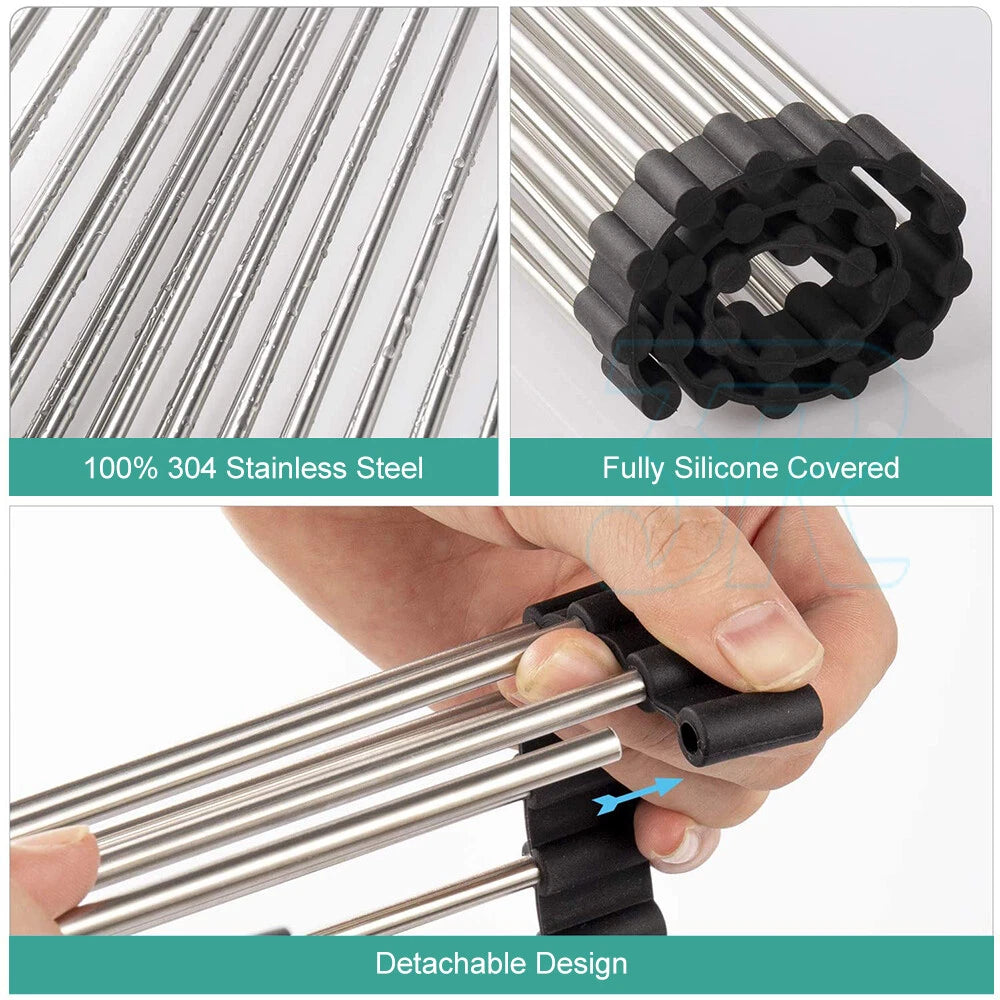 Stainless Steel Dish Rack Meat Vegetable Drying Drainer 38x47cm Over Sink Rack Roll up Kitchen Foldable Vegetable Pan Dishes Cutlery Rack