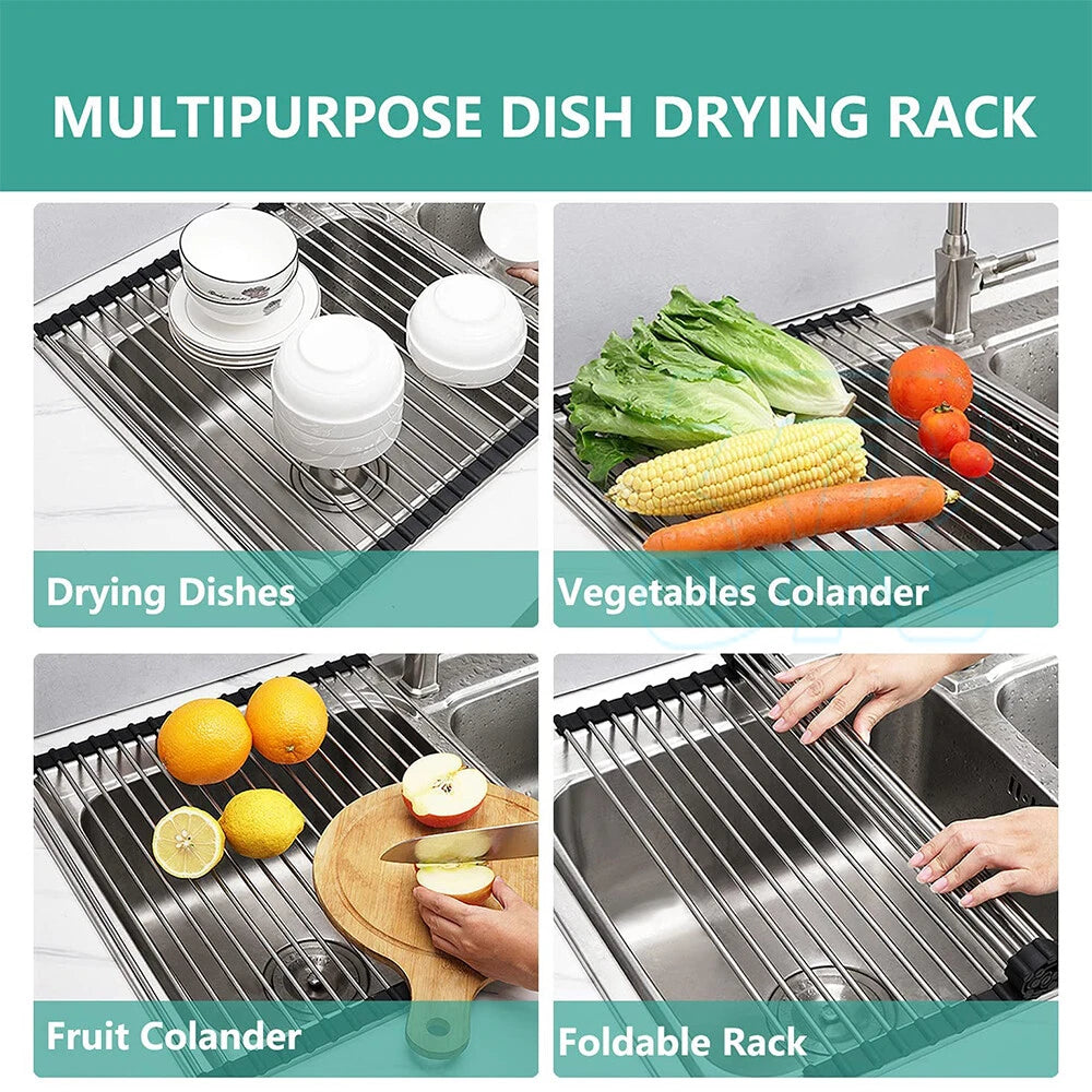 Stainless Steel Dish Rack Meat Vegetable Drying Drainer 38x47cm Over Sink Rack Roll up Kitchen Foldable Vegetable Pan Dishes Cutlery Rack