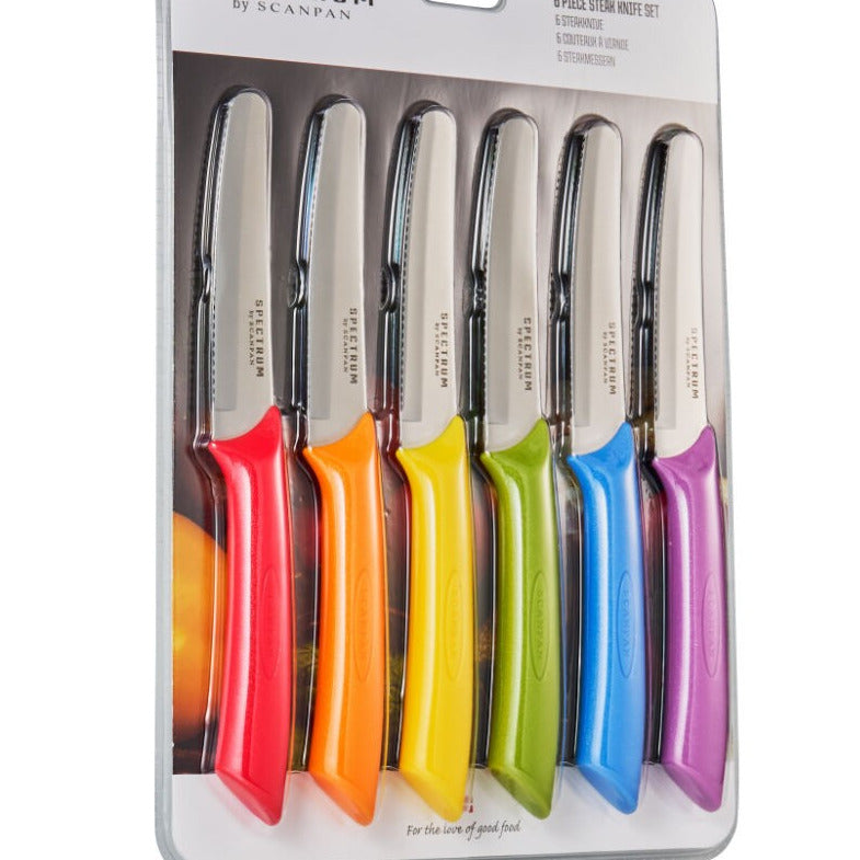 Scanpan Steak Knife Set 6 Piece Multi-Coloured Serrated Cutting Meat Knife 10cm Stainless Steel Blades
