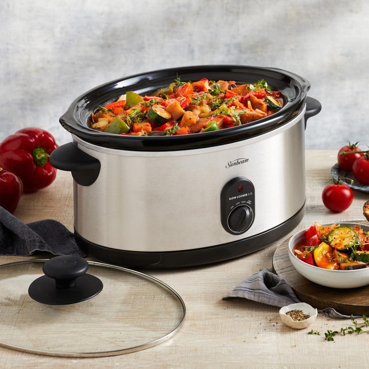 Sunbeam Slow Cooker Electric 5.5L Stainless Steel Stew Curry Maker | Removabe Cermic Crock Pot