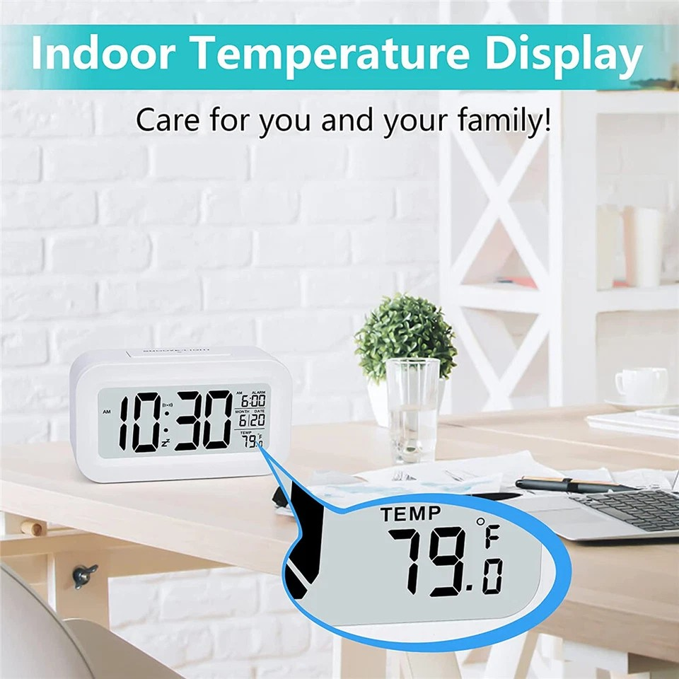 Digital Bedside LED Snooze Alarm Clock Time Temperature Day/Night Desktop Decor