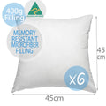 6x Cushion Pillow Inserts Square 45x45cm Premium Australian Made Bedding Lounge Throw Decor - Memory Resistant