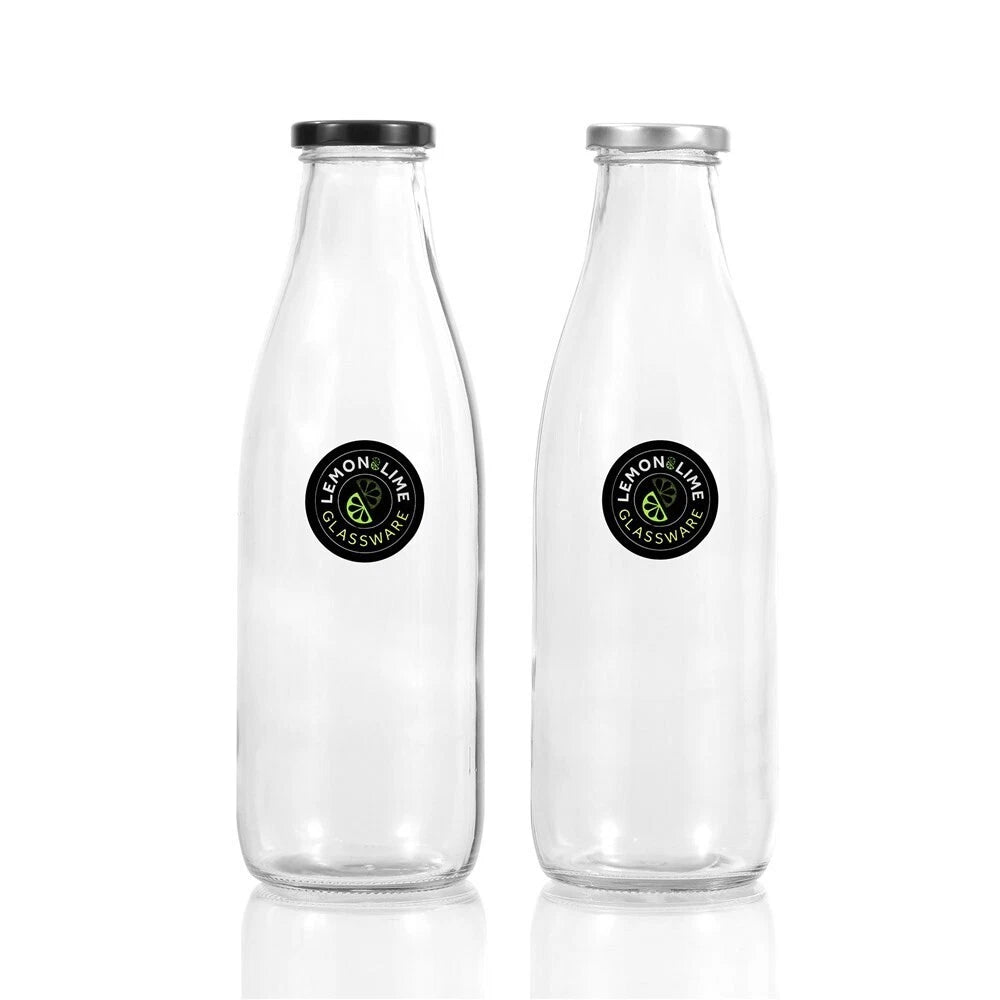 2x 1L Glass Milk Storage Home Fresh Cream Milk Keffir Screw Top Lids - Nut Oat Almond Milk Keeper Jar Glassware
