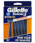 16 Pack Gillette Sensor 3 Disposable Razors  - Mens Travel Shavers Facial Hair Remover
