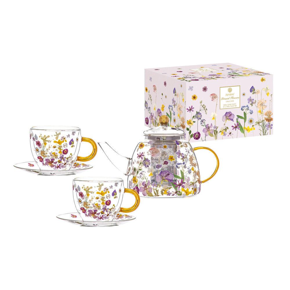 5PC Teapot and Tea Cup Set Beautiful Gift Set Pressed Flowers 1.2L Glass Tea Pot with 2 Tea Cups Mugs and Saucers