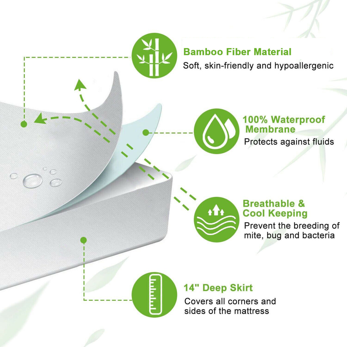Bamboo Waterproof Mattress Protector - QUEEN - Washable Breathable Matress Cover, Dust Mite prevention , Fully Fitted Skirt