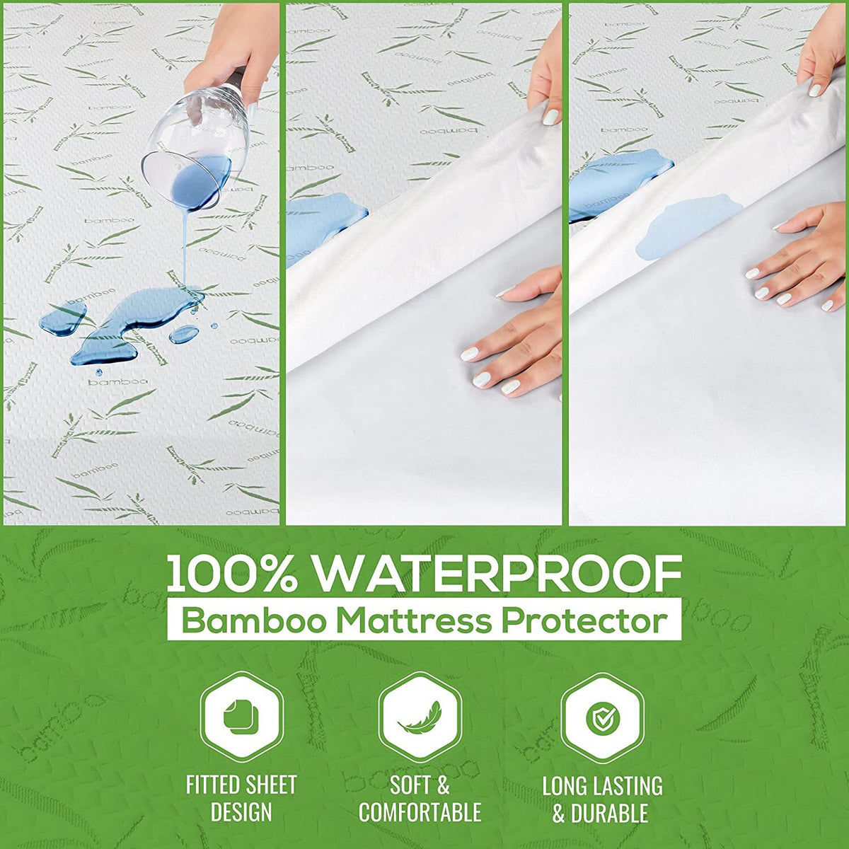 Bamboo Waterproof Mattress Protector - QUEEN - Washable Breathable Matress Cover, Dust Mite prevention , Fully Fitted Skirt