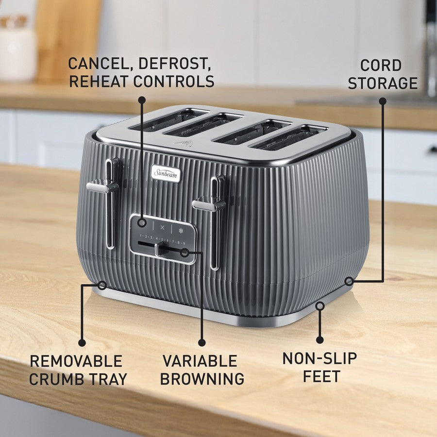 Sunbeam 4 Slice Toaster, Electric Bread Browning Kitchen Appliance Cooker - Grey