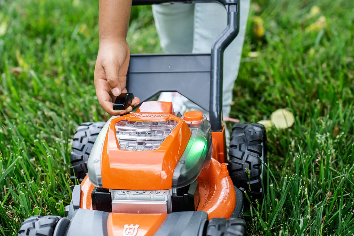 Husqvarna Pretend Lawn Mower | Kids Childrens Toy Grass Lawn Mower | Preschool Realistic Sounds and Lights