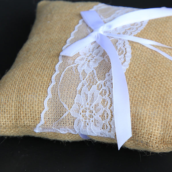 Lace Jute Ring Pillow | Elegant Ceremony Wedding Cushion Bearer Rustic - Hessian Burlap