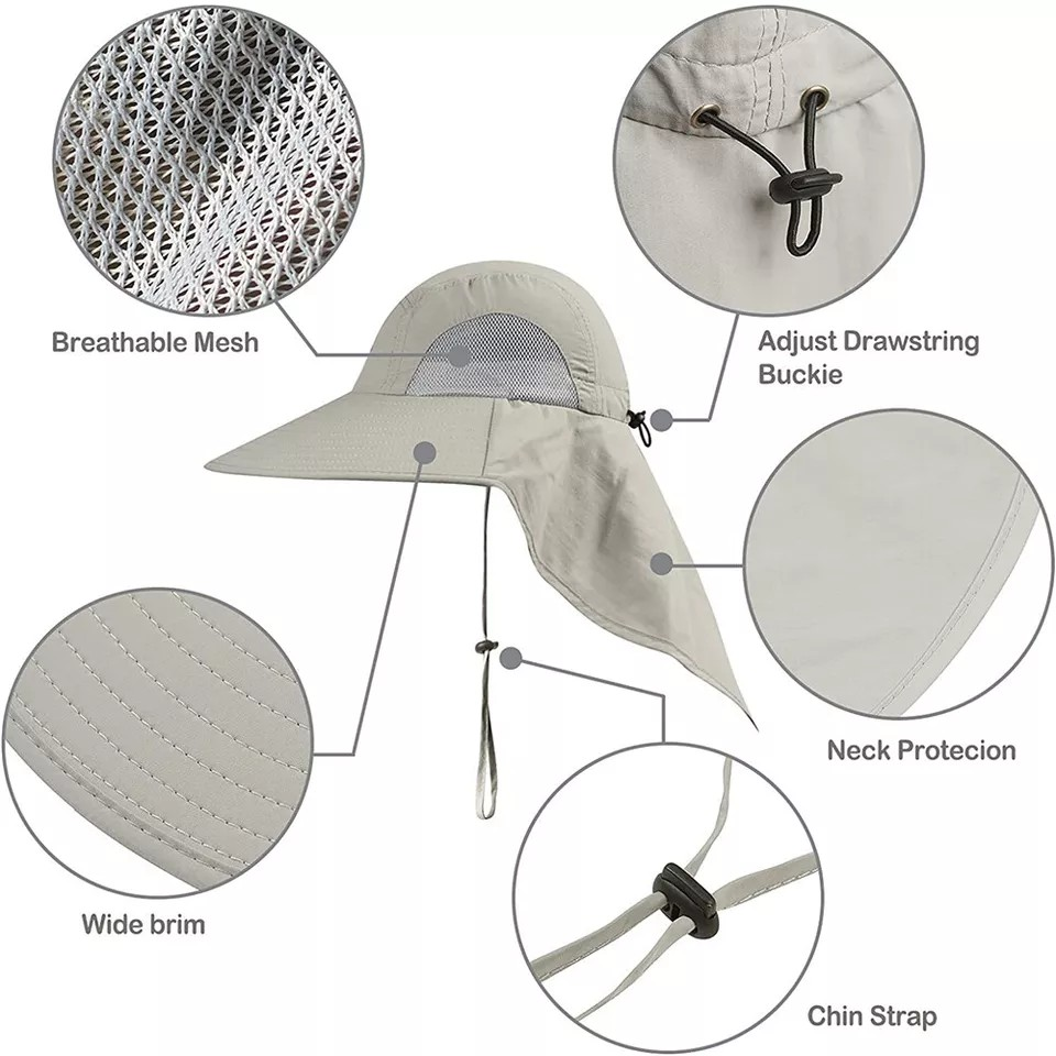 Unisex Outdoor Fishing Hiking Hat | Anti UV Sun Protect | Neck Face Flap | Golf Cap | 100% Nylon | Machine Wash