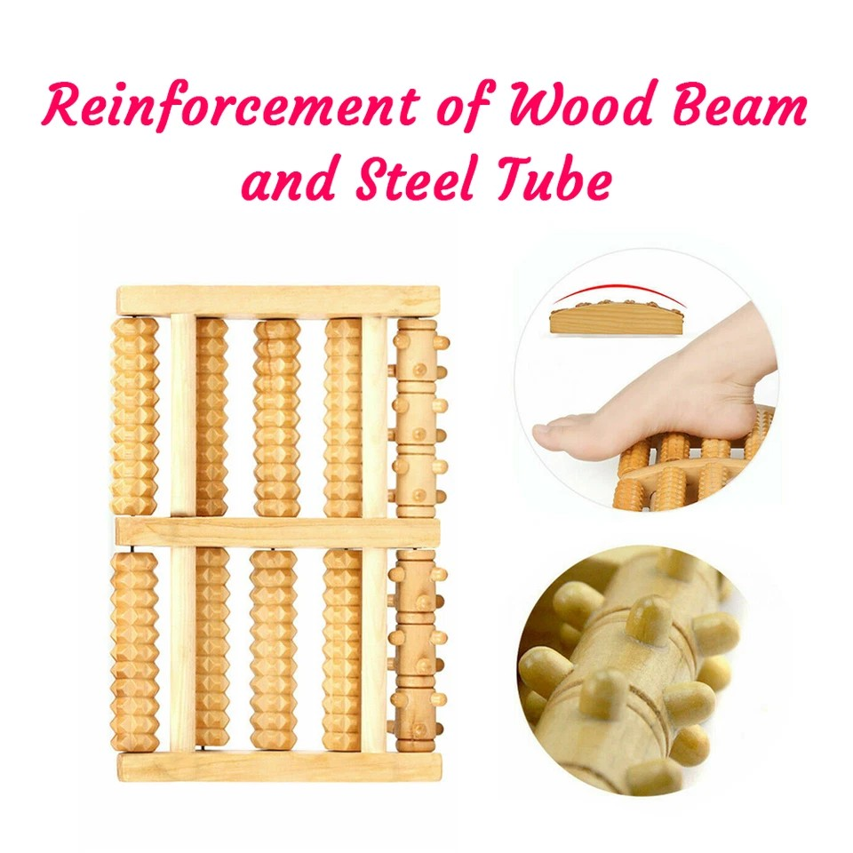 LARGE Wooden Foot Pain Massager 5 Roller Care Reflexology Relax Stress Relief