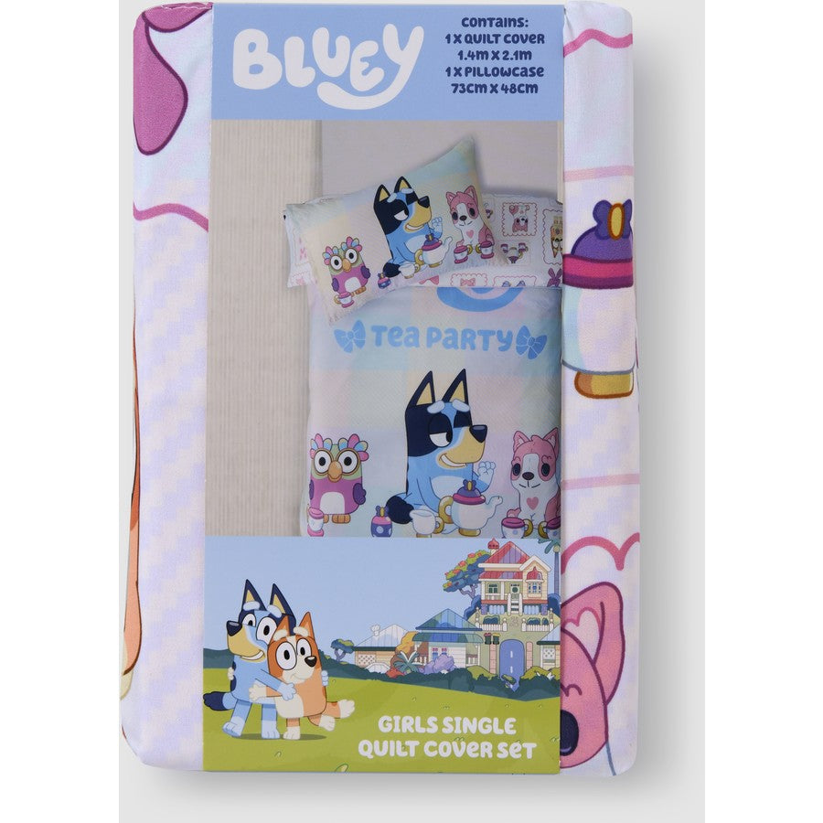 Bluey Teaparty Single Quilt Cover with Pillowcase Set, Kids Bedroom Bedding Decor