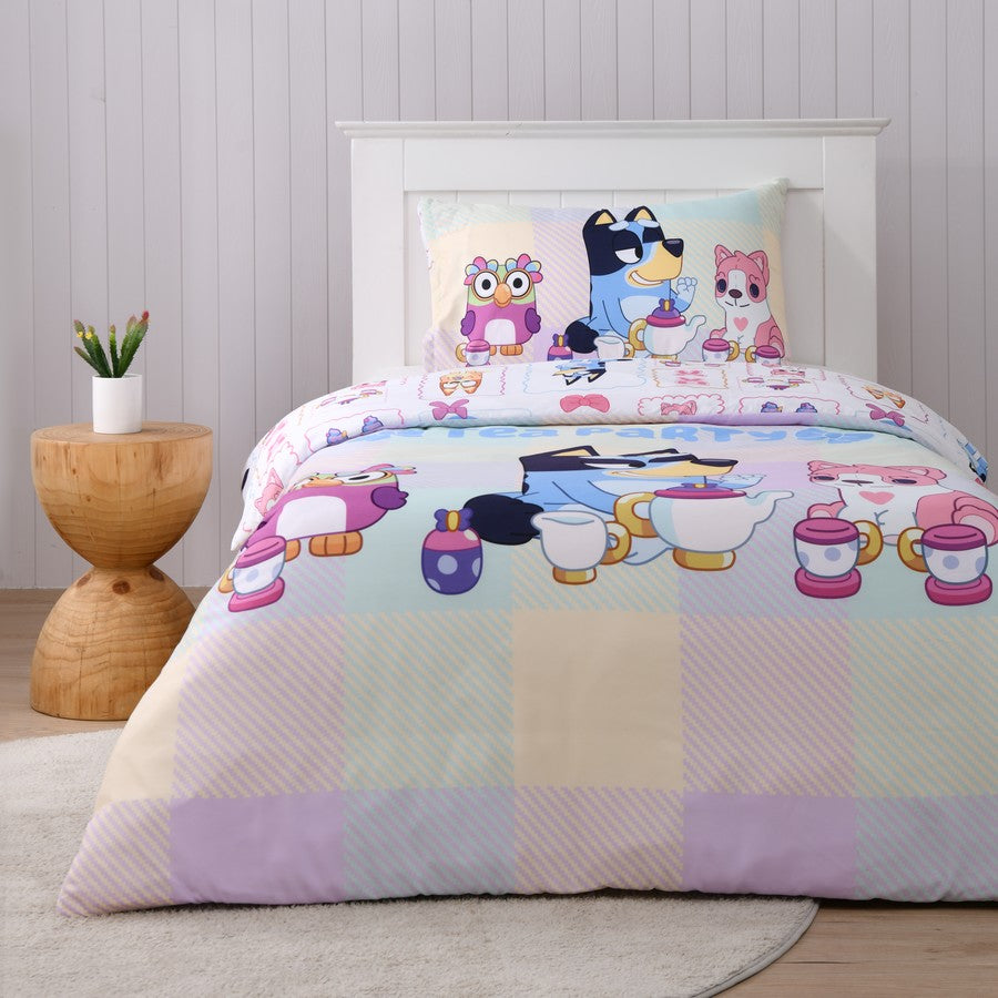 Bluey Teaparty Single Quilt Cover with Pillowcase Set, Kids Bedroom Bedding Decor