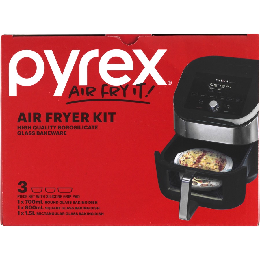 Pyrex Air Fryer Glass Baking Set | 3 Piece Set Bakeware Baking Dish Cooking Glassware | Includes Silicone Grip Pad