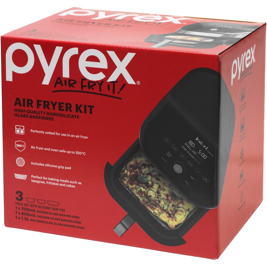 Pyrex Air Fryer Glass Baking Set | 3 Piece Set Bakeware Baking Dish Cooking Glassware | Includes Silicone Grip Pad