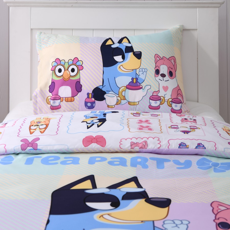Bluey Teaparty Single Quilt Cover with Pillowcase Set, Kids Bedroom Bedding Decor