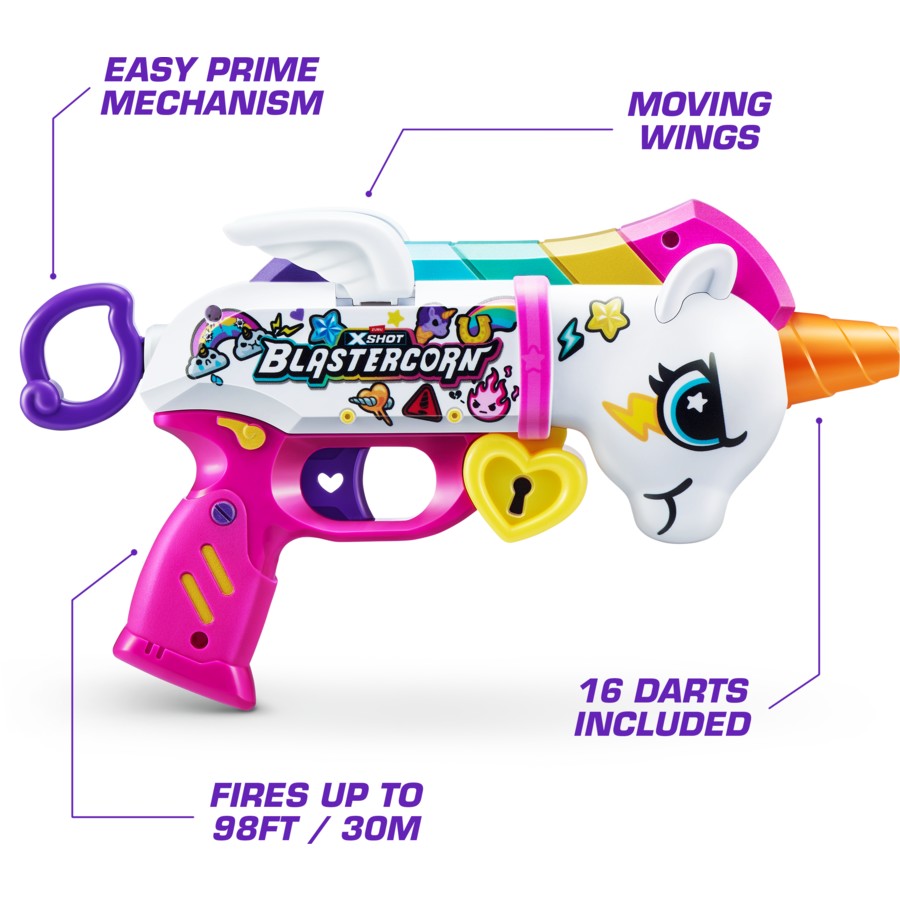 ZURU XSHOT Blastercorn Unicorn Blaster 16 Darts | Blastercorn | Unicorn Theme | Air Pocket Technology | Foam Darts