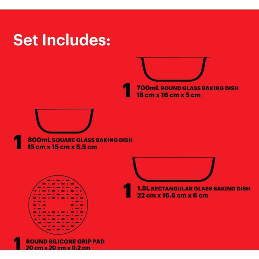 Pyrex Air Fryer Glass Baking Set | 3 Piece Set Bakeware Baking Dish Cooking Glassware | Includes Silicone Grip Pad