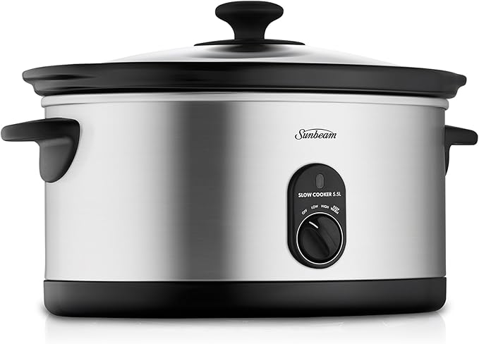 Sunbeam Slow Cooker Electric 5.5L Stainless Steel Stew Curry Maker | Removabe Cermic Crock Pot