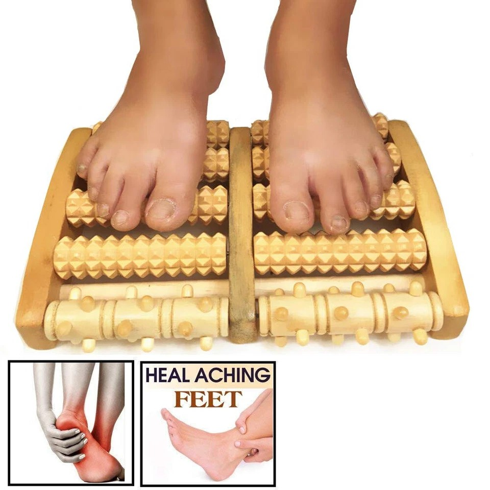LARGE Wooden Foot Pain Massager 5 Roller Care Reflexology Relax Stress Relief